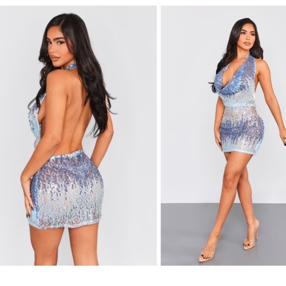 NWT PrettyLittleThing Petite Blue Ombre Sequin Cowl Neck Halter Mini Dress - Picture 1 of 6